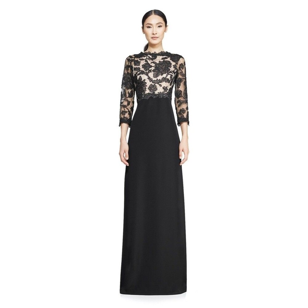 Tadashi Shoji Gown Dress Embroidered Long 3/4 Sleeve Sheer Floral Womens 10